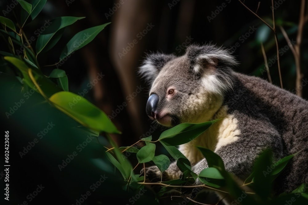 Poster serene koala resting on a tree branch with its eyes closed generative ai