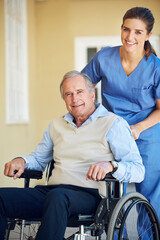 Portrait smile, caregiver or old man in wheelchair in hospital clinic helping an elderly patient for trust or support. Medic, happy or healthcare caregiver pushing an senior person with a disability