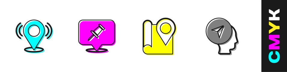 Set Map pin, Push, Folded map with location marker and human icon. Vector