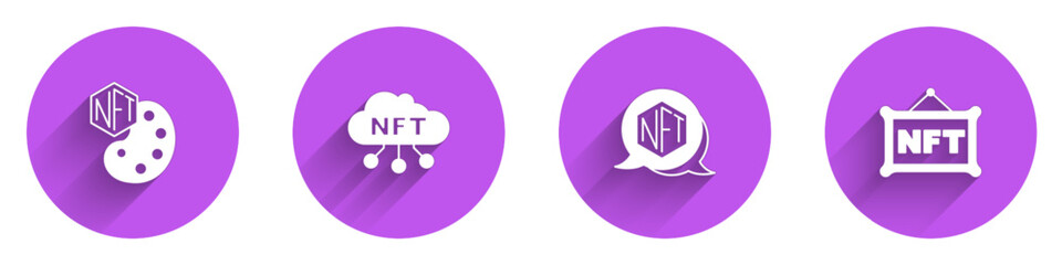 Set NFT Digital crypto art, cloud, and icon with long shadow. Vector