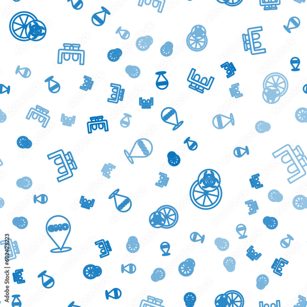 Poster set line gmo, genetically modified orange and test tube and flask on seamless pattern. vector