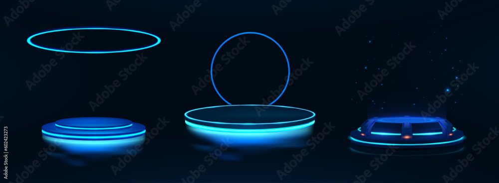 Poster futuristic 3d podiums with neon, reflection, light in cyberpunk style. show product in 3d circle sta