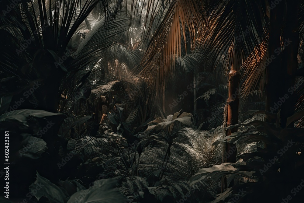 Poster dense forest with towering palm trees generative ai
