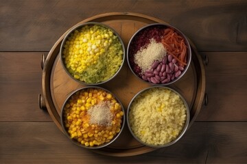 four colorful food tins filled with different types of delicious cuisine Generative AI