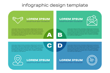 Set line Location with heart, Heart wings, Clock and Envelope Valentine. Business infographic template. Vector