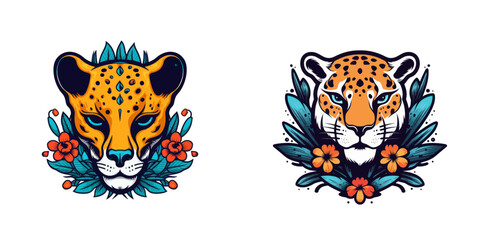 Wild animal logo cheetah head with colorful flowers. Vector illustration. © Татьяна Петрова
