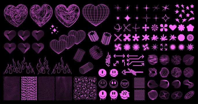 Vaporwave, synthwave, Y2K universal geometric shapes, 3D elements with glitch and liquid effect. Retrofuturistic y2k shapes from 00s, 90s, 80s. Hearts, grids, emoji, wireframe, stars, icons. Rave set