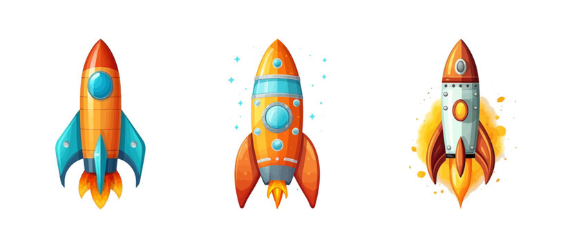 Colorful cartoon rocket ship icon. Vector illustration.