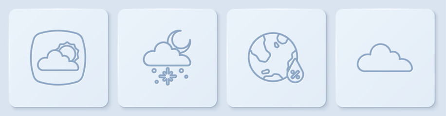 Set line Weather forecast, Water drop percentage, Cloud with snow and sun and . White square button. Vector