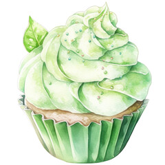 Obraz premium Pastel green cupcake with frosting and sprinkles, watercolor dessert, sweet bakery, Isolated on transparent background. Generative AI
