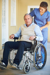 Fototapeta na wymiar Portrait, nurse or old man in wheelchair in hospital helping an elderly patient for trust or support in clinic. Happy, caregiver or healthcare social worker talking to senior person with a disability