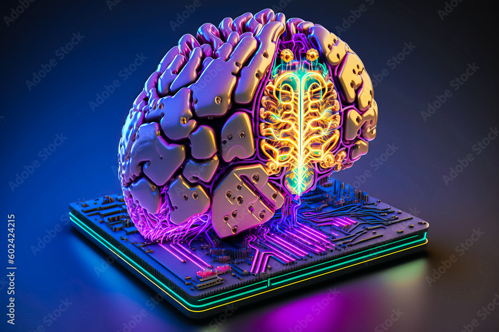 Poster ai chipset with human brain on computer circuit board. artificial intelligence, data mining, and dee