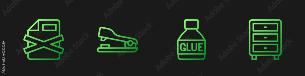Poster set line glue, delete file document, stapler and archive papers drawer. gradient color icons. vector