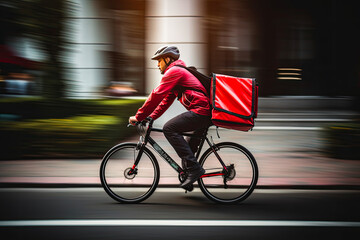 Delivery Man with Food Box Riding Bike, with blurred background. Generative AI