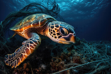 Obraz premium An underwater scene reveals a majestic sea turtle entangled in a web of plastic waste. 