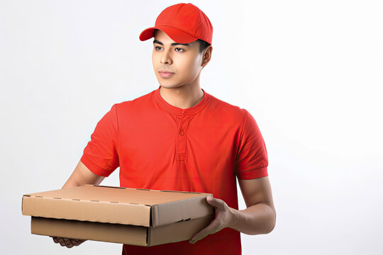 Pizza delivery man, hot pizza delivered. White background with copyspace, Generative AI