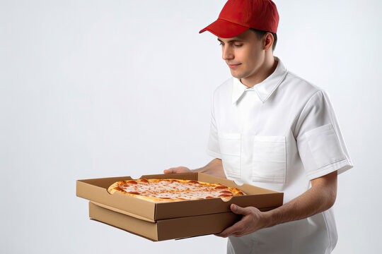 Pizza delivery man, hot pizza delivered. White background with copyspace, Generative AI