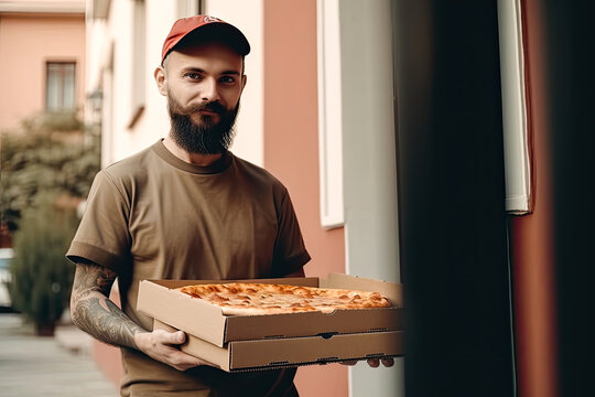 Pizza delivery man, hot pizza delivered to front door, Generative AI