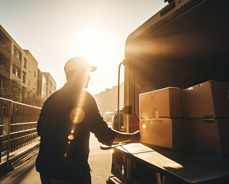 Delivery man taking packages out of back of truck in the morning sun, generative ai
