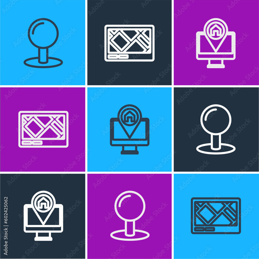 Poster set line push pin, monitor with map location and gps device icon. vector