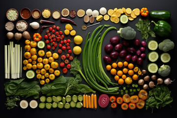 Organic Harvest: A Vibrant Vegetable Knolling, food layout, top down. Generative AI