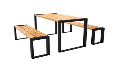 Table and benches made of wood and metal. A set of modern park and garden furniture in the loft style. 3d rendering