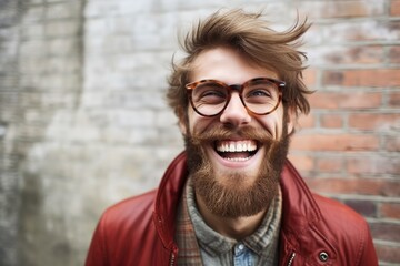 Laughing young man wearing a long hipster beard looking at the camera. Generative AI