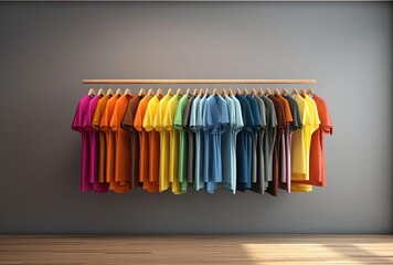 t shirts on rack and hanging in room, generative ai