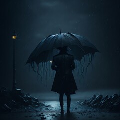 Umbrella with black tentacles inside in the rainy night apocalypse scene. Generative AI
