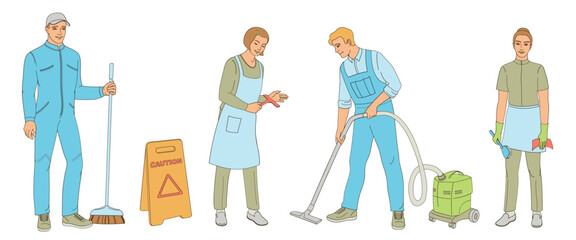 Cleaning service staff smiling characters on white background. House cleaners dressed in uniform   outline color vector illustration