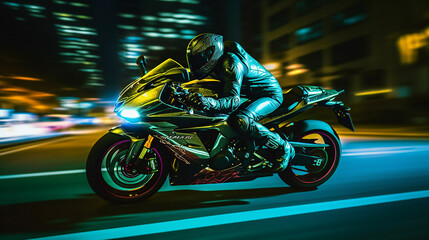 Generative AI image of motorcycle rider riding alone in the city at night with motion blur effect in the background. Motorcycle is a popular mode of transportation