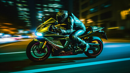 Fototapeta premium Generative AI image of motorcycle rider riding alone in the city at night with motion blur effect in the background. Motorcycle is a popular mode of transportation