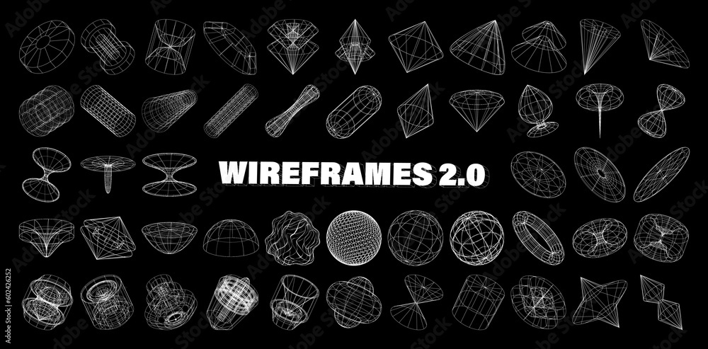 Aufkleber Wireframe 3D geometric shapes, fi holograms, futuristic mechanisms, engine blueprint, retrofuturistic forms in perspective, frontal, isometric view. 3D wireframe cyberpunk elements. Vector y2k set