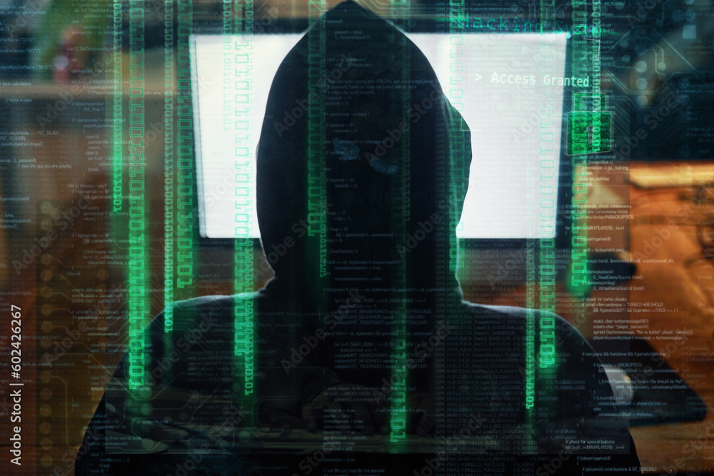 Poster Hacker, man hoodie and computer screen for software hacking, coding or programming at night in digital overlay. Data code, html and programmer or hacker person from behind, cybersecurity and desktop