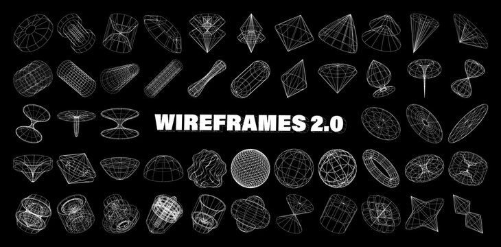 Wireframe 3D geometric shapes, fi holograms, futuristic mechanisms, engine blueprint, retrofuturistic forms in perspective, frontal, isometric view. 3D wireframe cyberpunk elements. Vector y2k set