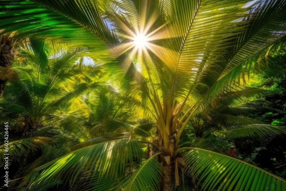 Aufkleber sunlight filtering through the green foliage of a tropical palm tree generative ai