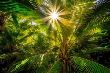 sunlight filtering through the green foliage of a tropical palm tree Generative AI