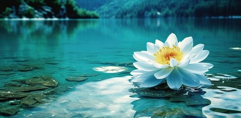 White lotus floating on a river, generative ai