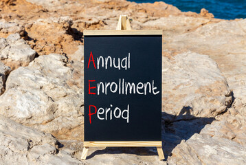 AEP symbol. Concept words AEP Annual enrollment period on beautifulblack chalk blackboard....