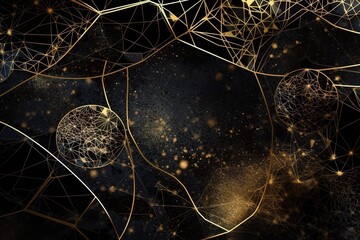 abstract cosmic background with gold metallic foil and marbled textures inlay. Sacred geometry with celestial motif, stars and planets. Galaxy wallpaper, Generative AI