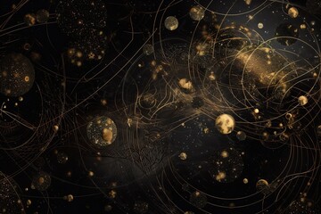 Naklejka premium abstract cosmic background with gold metallic foil and marbled textures inlay. Sacred geometry with celestial motif, stars and planets. Galaxy wallpaper, Generative AI