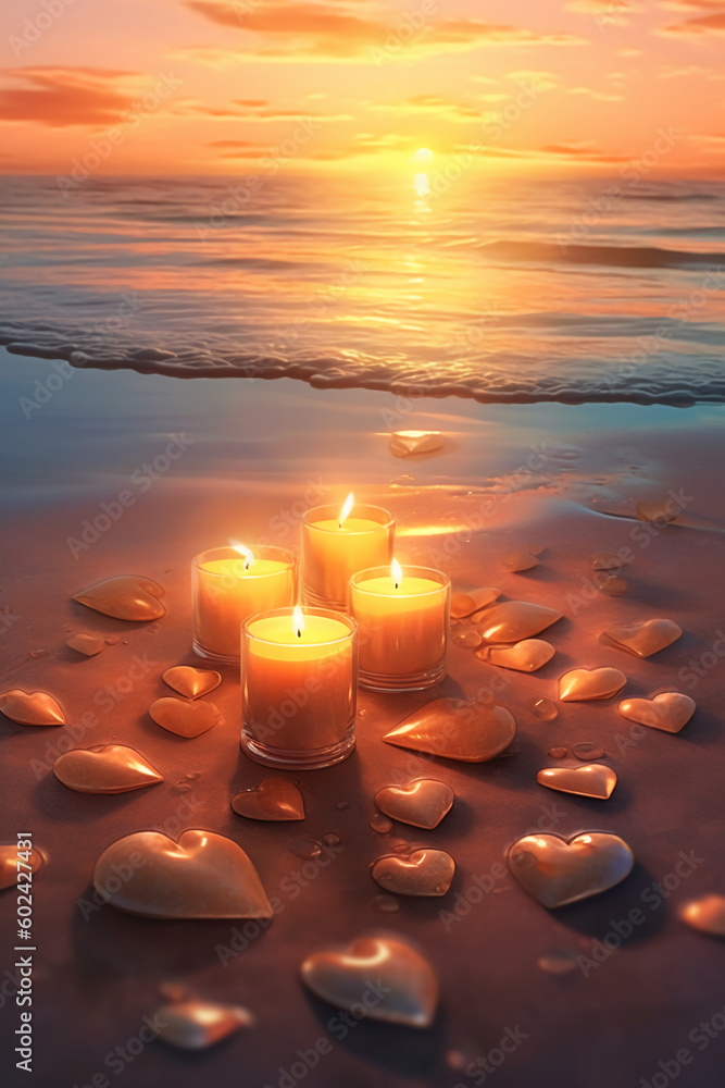 Wall mural romantic candles on the sand beach. ai generative