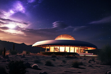 Fototapeta na wymiar UFO shaped house at night. Generative AI.