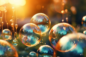Soap bubbles against a blurred light background. AI generative
