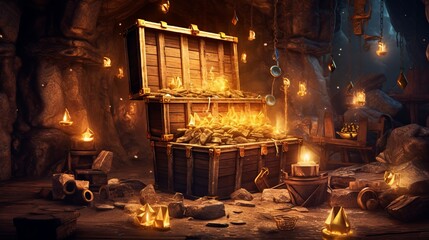 Obraz premium Wooden coffin with a gold treasure. Made with Generative AI.