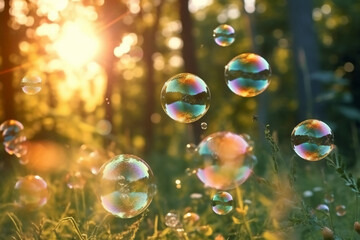 Soap bubbles against a blurred light natural summer background. AI generative
