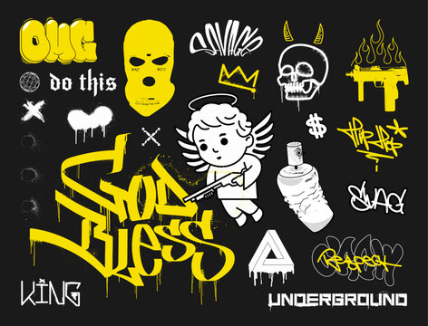 Street underground elements - graffiti spray, tags, angel with gun, skull, lettering, phrases for t-shirt, merch, apparel, streetwear. Underground, hip-hop, gangsta acid elements. Street lettering art