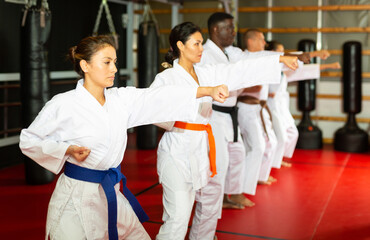 Multiracial group of men and women in kimono standing in row and performing kata in gym during training.