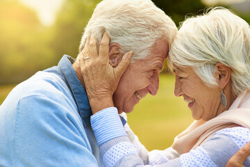 Forehead, smile and senior couple with love, marriage and retirement with romance, bonding and...