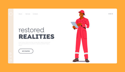 Fire Safety Worker Landing Page Template. Male Character Wear red Uniform with Tablet in Hands Ensures Public Safety